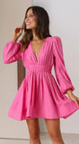Fongt Years Of Fashion New Show Thin Deep V Close Waist Pleated Skirt Place Long Sleeve Dress 23039-Outfit