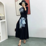 Stand Collar Three Quarter Sleeve Printing Blouse High Waist Long Skirt Pleated 2 Piece Sets For Women 2024 Summer TH4149-Outfit
