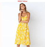 Boho Printed Beach Dress Women Spaghetti Straps Backless Sexy Dresses Female Casual Button Pocket Sleeveless Midi