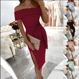 Off-neck Solid Mid Waist Color Lace-up Regular