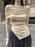 Split Off Shoulder Ribbed Knit Top-Outfit