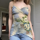 Girls Holiday Style Retro Plant Flower Printing V-Collar Small Sling Vest Irregular Hem Waist Top-Outfit