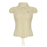 Fongt Style Organ Folds Solid Color POLO Collar Short-Sleeved Shirt To Close Short Buckle Umbilical Top