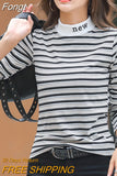 Striped T Shirts Women Cotton Letter Embroidery Slim Long Sleeve Spring Autumn Korean Casual Tshirt Half High Collar