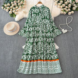 Light Extravagant Temperament Horn Long Sleeved V Collar Loose Thin Single Breasted Printed Dress Elegant Long Skirt-Outfit