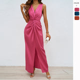 Fongt Summer Women's Elegant Kinesy Sleeveless V-Neck Opening And Repair Body Temperament Dress Dress Woman