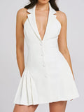 Collar Buttoned Backless Suit Mini Dress-Outfit