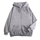 Fongt Flat Hooded Ins College Windy Loose Zipper Thick Hooded Coat