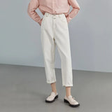 High Waist Straight Leg Cropped Pants Cotton Denim Casual Jeans Office Lady Button Decoration Long Trousers