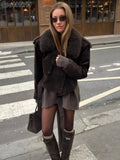 Brown Faux Fur Collar Suede Short Jacket-Outfit
