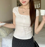 Lace Trim Square Collar Bow Short Sleeve Tee-Outfit
