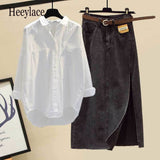 Women Streetwear Spring Denim Skirts Sets Korean Long Sleeve Casual Blouse And Side Split Skirt Two Piece Set
