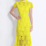 Fongt High-End Heavy Industry Hollow Water-Soluble Lace Collar Dress Female Summer Temperament Elegant Fishtail Dress Dress