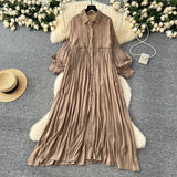 Fongt Retro Casual Dress Women's 2025 Spring Folding Lantern Sleeve Casual Loose Single-Dripple Shirt Long Dress