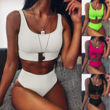 Fongt Hot Style Bikini Hot Selling High Waist Pure Color Bikini Pit Strip Swimsuit Split Button Bikini-Outfit