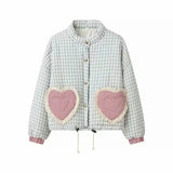 Plaid Heart Patchwork Pocket Puffer Jacket-Outfit