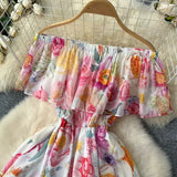 Fongt Shoulder Lotus Leaf Side Waist Print Chiffon Dress Women 2025 Spring New Holiday Temperament Dress