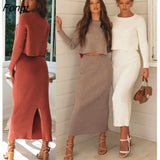 Autumn and Winter Fashion Round Neck Long Sleeve Sweater Dress Knitted Split Skirt Womens Two Peice Sets Fall Outfits