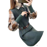 Fongt And Elegant Suit Fake Two Long Waist Dress Plaid Shirt Sweater Knit Two Set Inside-Outfit