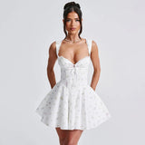 White Floral Turned Strap Corset Mini Dress-Outfit
