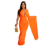 Fashion Women's Solid Color Single Shoulder Cuff Open Back Long Dress Women-Outfit