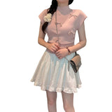 Fongt Pink Bow Short Sleeve Design Small T-Shirt Short Summer Slim Bottom Thin Sweet Spicy