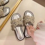 Fongt Summer New Small Scented Pearl Slippers Women Wear Flat Bottom One-Word Drag Beach Cool Drag Skirt