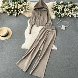 Fongt And Winter Solid Knitted Hooded Hooded Jersey Blouse High Waist-Hanging Feeling Trousers Casual Two Sets Of Women