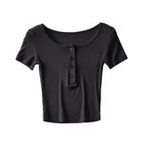 New Solid Color Four-Button Elastic Basic T-Shirt Summer Women's Short Navel-Missing Short-Sleeved Blouse-Outfit