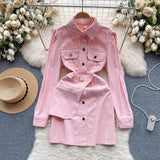 Denim Skirt Sweet Candy Temperament Shirt Collar Button Slim Design Fake Two Dresses For Women-Outfit