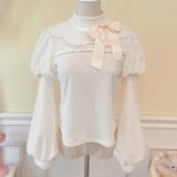 Lolita Knitted Pullovers Women Vintage Elegance Stand Up Collar Puff Sleeves Bow Sweaters Japan Harajuku Y2k Knit Jumpers-Outfit