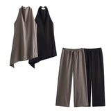 Fongt Women's ZA Hanging Neck Collar Minimalist Asymmetrical Top With Trousers Set