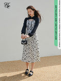 Round Collar Full Regular Sleeve Dress waist Mid-Calf Floral Dress Office Lady Suspender Skirt Spring Long