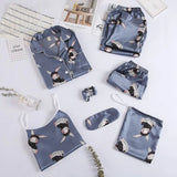 Spring 7 Pieces Set Silk Elegant Women Pajamas stripe Shorts Long Sleeve Tops Elastic Waist Pants Full Lounge
