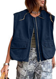 Fongt New Sleeveless Pocket Loose Vest Zipper Coat Woman
