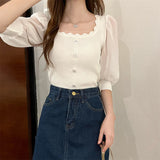 Fongt Korean Version Of The Small Fragrant Collarbone Design Shirt Short Bubble Sleeve Ice Silk Knitted Short-Sleeved T-Shirt