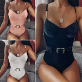 Solid White Buckle One Piece Swimsuit Women High Cut Metal Chain Strap Push Up Bra Monokini Bathing Suit Bodysuit