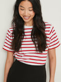 T-Shirt Short Sleeves 2024 New Versatile Simple Loose Cotton Round Collar Striped Short Sleeves-Outfit