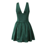 Green Stain Pleated V-neck Mini Dress-Outfit