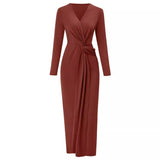Fongt New 2024 Women's V-Neck Solid Color Kink Waist Long-Sleeved Dress-Outfit