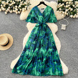 Fongt Summer Dress New Female High-End Feel Strapped Belt V Collar Horn Sleeves Thin Temperament Print Chiffon Dress