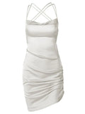 Satin Cross Back Mini Dress-Outfit