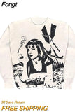 Hip Hop Streetwear Knitted Sweater men Gothic portrait Print Pullover autumn Harajuku Cotton sweater women Oversized