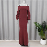 Burgundy Off Shoulder Fold Knit Midi Dress-Outfit
