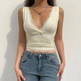 Fongt Double Lace Patchwork Vest 2023 New Hot Girl Low-Cut Short Sleeveless Top-Outfit