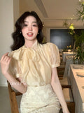 Fongt Xixi 2025 Summer New Thousand Gold Wind Bow Tie With Bottom Shirt Women's Long-Sleeved Top 89202-1