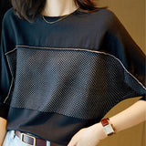 Casual Batwing Sleeve Loose T-shirt Korean Solid Color Spliced Female Clothing Fashion Diamonds O-Neck Knitted Pullovers-Outfit