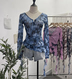 Dizziness Printing Mesh T-Shirt T-Shirt Irregular Lotus Leaf Side Ribbon Short Coat