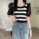 Fongt Bump Striped Short-Sleeved Knitted Shirt Women's Thin Summer Design Sense Of Small Unique Special Loose
