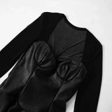 Black Long Sleeve Mesh PU Leather Mini Dress-Outfit